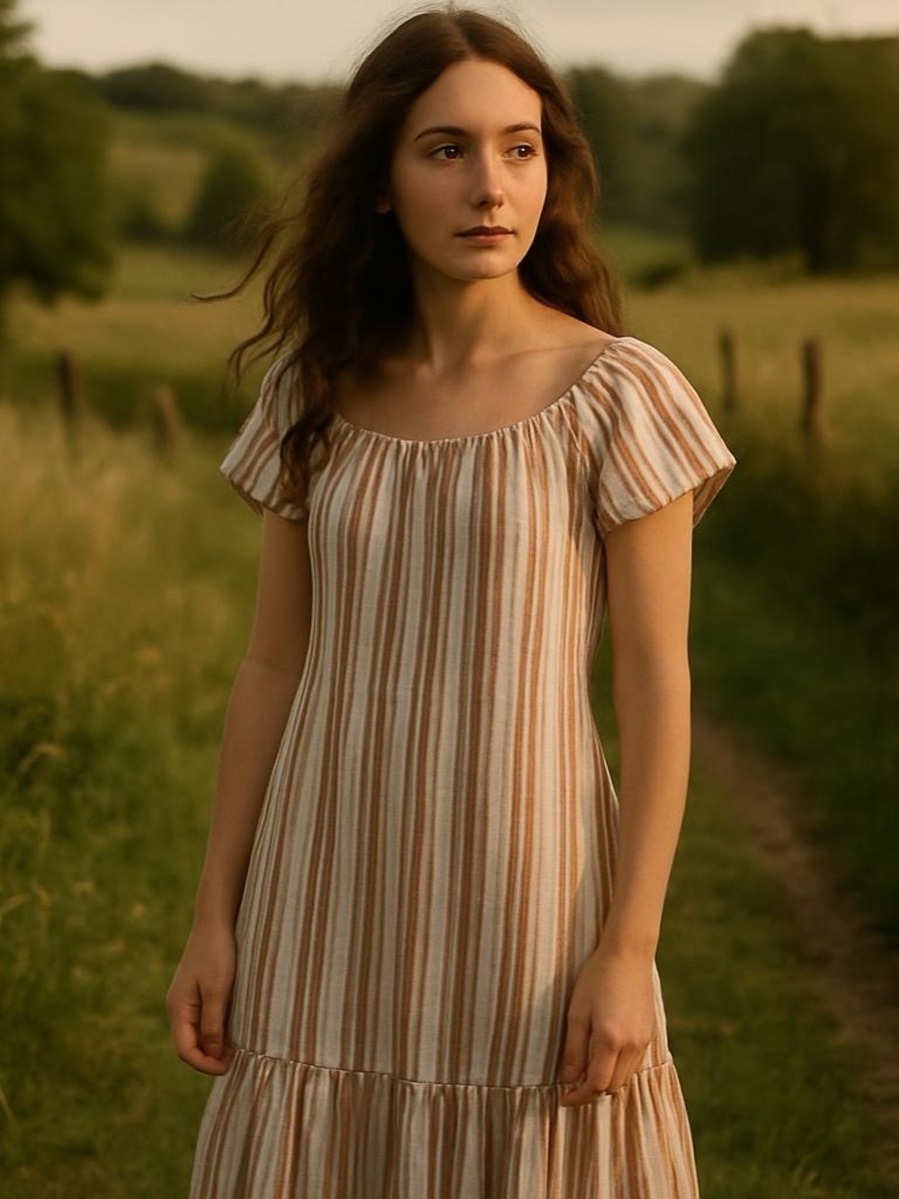 Bobeau Cream and Brown Striped Cotton Dress‎ Size M
